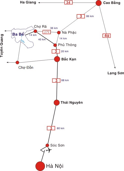 Bản đồ tuyến đường đến hồ Ba Bể